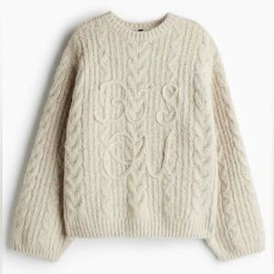 ‘BISOU’ Embroidered Ivory & Beige Cable Knit Sweater | Soft, Thick | L | NWT